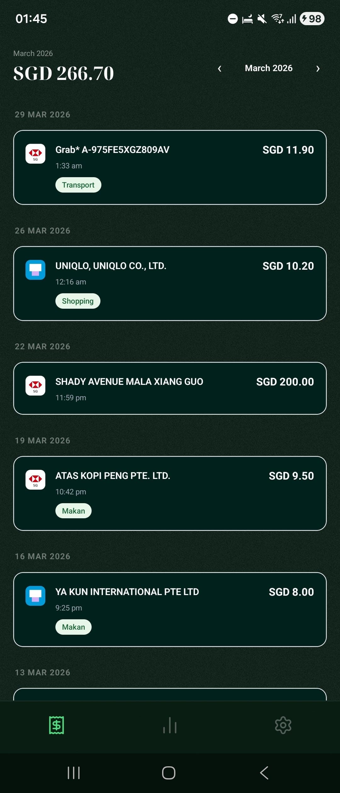Transaction history screen